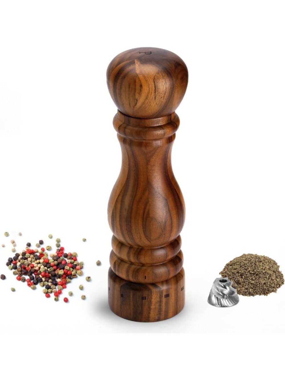 9” Tall Manual Pepper Grinder - Refillable Acacia Wood Mill with Adjustable